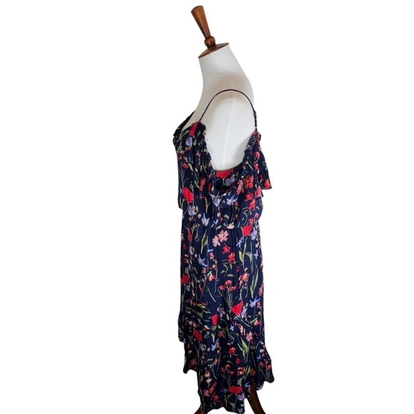 Parker Floral 100% Silk Cold Shoulder Ruffle Midi Navy Small Dress Preowned - Picture 4 of 9